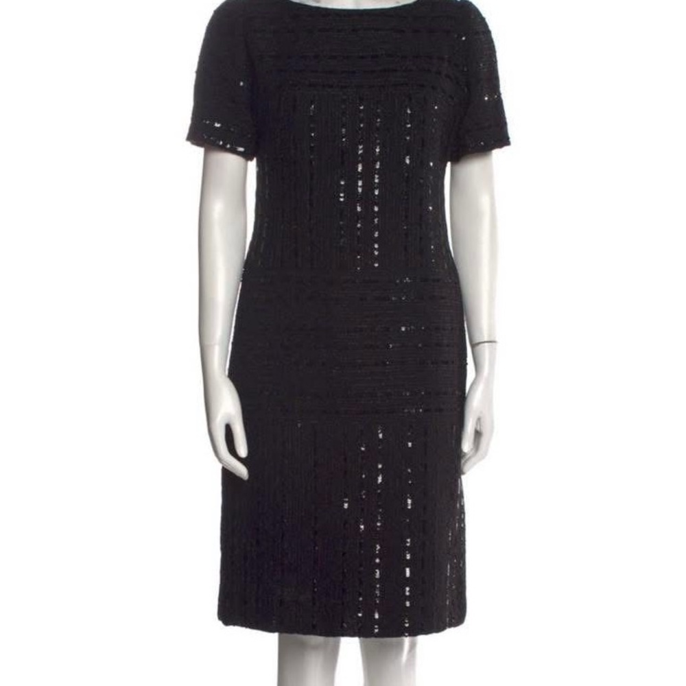 CHANEL Black Sequin Midi Dress 44 6/8 classic!